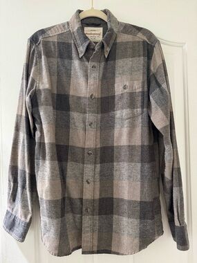 Upcycled Men’s Gray & Tan Plaid Button- Long Sleeve -With Funny Patch on Back.